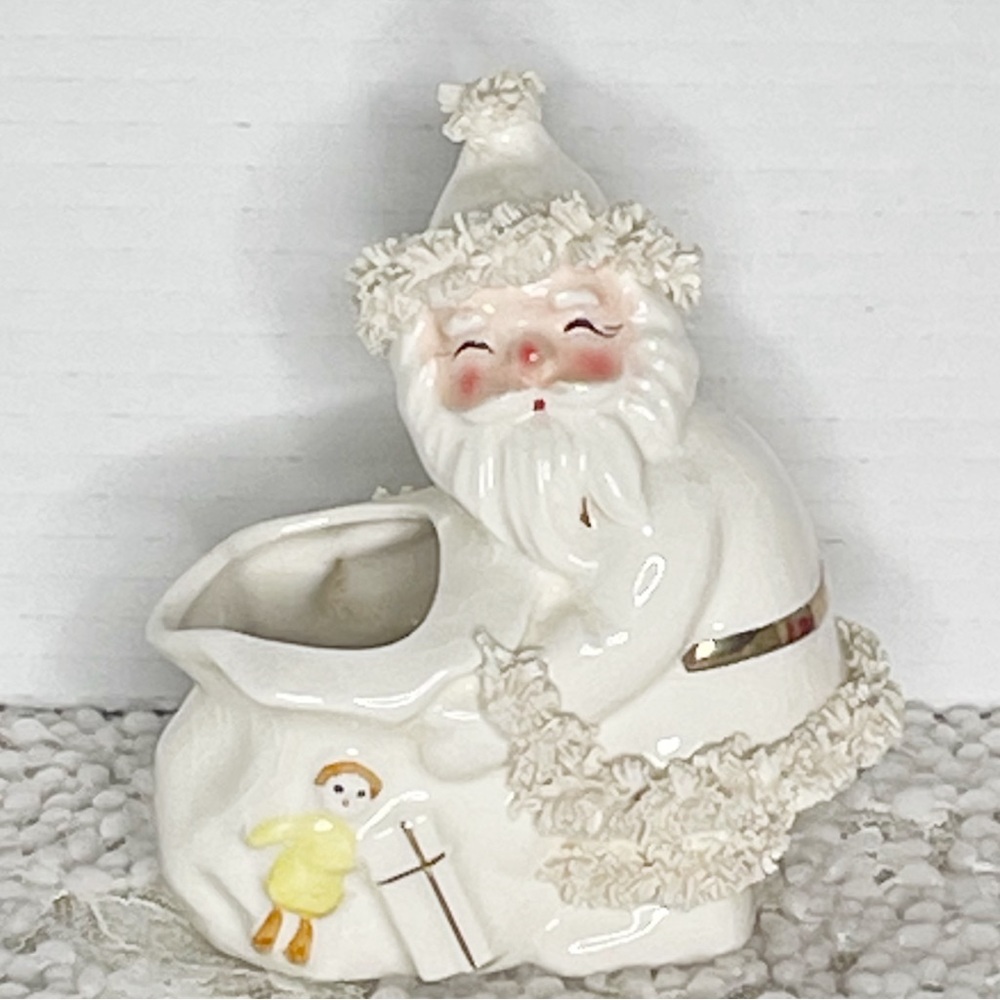 Vintage NAPCO White Santa Planter/Figurine with Spaghetti Trim Holiday Christmas